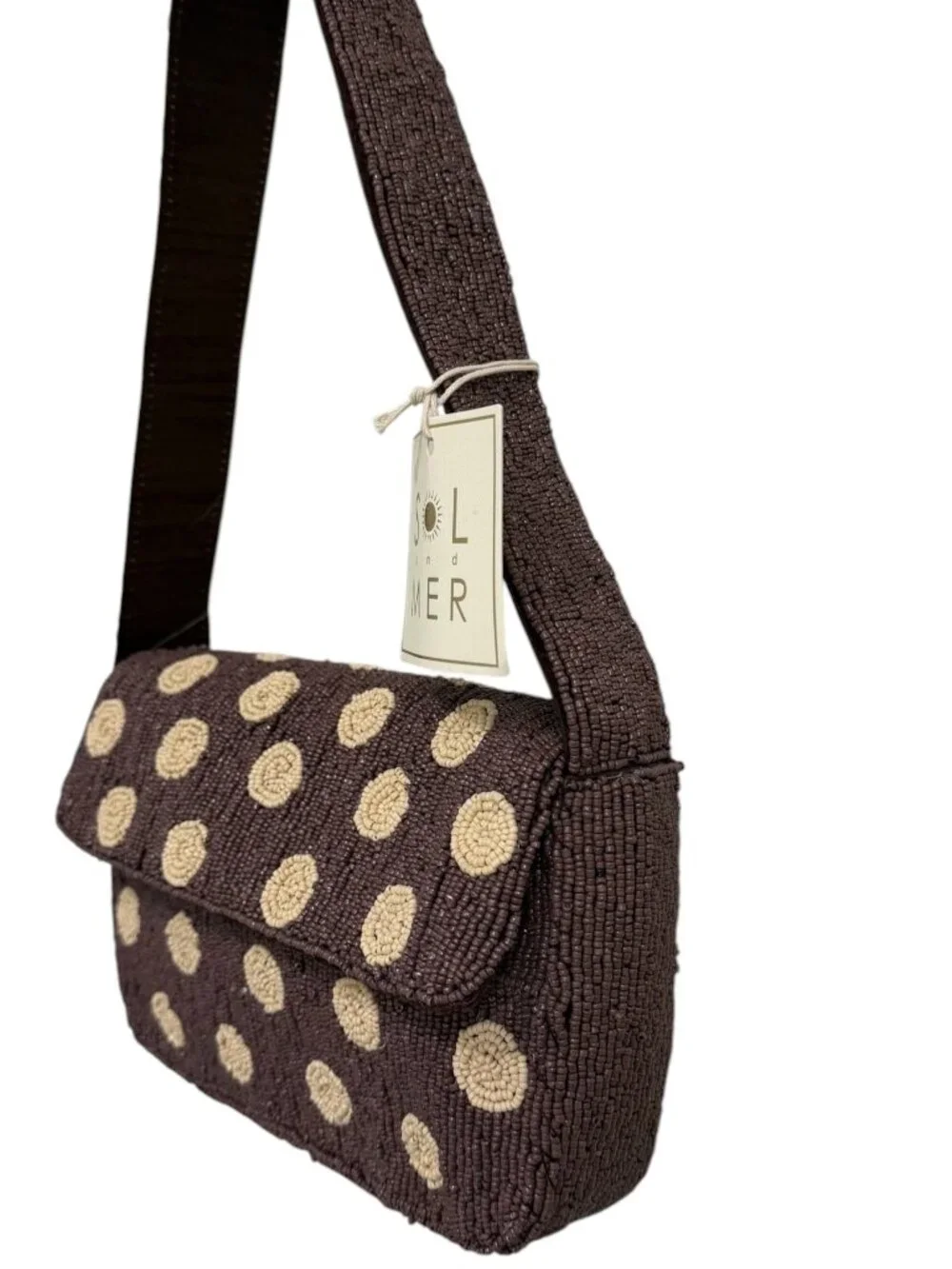 Sol and Mer Brown Cream Polka  Dots Beaded Bag New Fall Release India NWT
